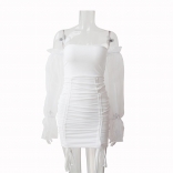 White Gauze Long Sleeve Boat-Neck Bandage Pleated Sexy Mini Dress