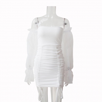 White Gauze Long Sleeve Boat-Neck Bandage Pleated Sexy Mini Dress