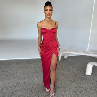 Red Halter Sleeveless Low-Cut V-Neck Slit Fashion Women Jersey Dress