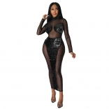 Black Mesh Bodycon Perspective Sexy Club Women Midi Dress