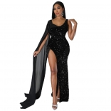 Black Sleeveless Halter Low-Cut Sequin Tassels Bodycon Evening Dres