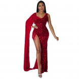 Red Sleeveless Halter Low-Cut Sequin Tassels Bodycon Evening Dres
