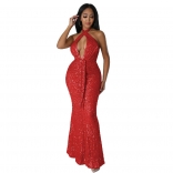 Red Sleeveless Deep V-Neck Sequins Slim Sexy Evening Party Long Dress
