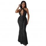 Black Sleeveless Deep V-Neck Sequins Slim Sexy Evening Party Long Dress
