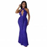 Blue Sleeveless Deep V-Neck Sequins Slim Sexy Evening Party Long Dress