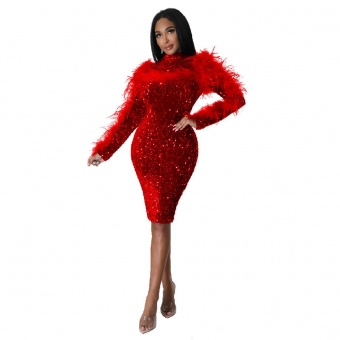 Red Long Sleeve Feather Sequin Bodycon Evening Long Dress