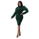 Green Long Sleeve Feather Sequin Bodycon Evening Long Dress