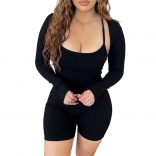 Black Halter Low-Cut Cotton Women 2PCS Long Sleeve Sexy Club Rompers