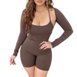 Brown Halter Low-Cut Cotton Women 2PCS Long Sleeve Sexy Club Rompers