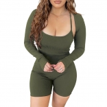Green Halter Low-Cut Cotton Women 2PCS Long Sleeve Sexy Club Rompers