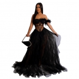 (PreSale)Black Sleeveless Low-Cut Mesh Hollow-out Perspective Evening Long Dress