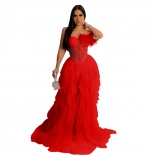 (PreSale)Red Sleeveless Low-Cut Mesh Hollow-out Perspective Evening Long Dress