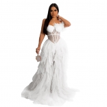 (PreSale)White Sleeveless Low-Cut Mesh Hollow-out Perspective Evening Long Dress