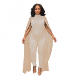 Beige Mesh Sexy Rhinestone Sleeveless Hollow-out Sexy Bodycon Women Jumpsuit