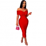 Red Off-Shoulder V-Neck Low-Cut Pleated Bodycon Sexy Women Midi Dress