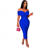 Blue Off-Shoulder V-Neck Low-Cut Pleated Bodycon Sexy Women Midi Dress