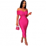 RoseRed Off-Shoulder V-Neck Low-Cut Pleated Bodycon Sexy Women Midi Dress