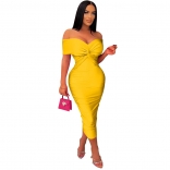 Yellow Off-Shoulder V-Neck Low-Cut Pleated Bodycon Sexy Women Midi Dress