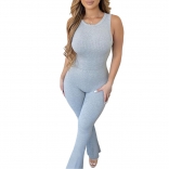 Grey Sleeveless Halter O-Neck Cotton Pleated Slim Sexy Jumpsuit