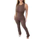 Brown Sleeveless Halter O-Neck Cotton Pleated Slim Sexy Jumpsuit