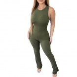 Green Sleeveless Halter O-Neck Cotton Pleated Slim Sexy Jumpsuit