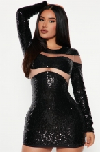 Black Mesh Long Sleeve Sequin Bodycon Sexy Women Mini Dress
