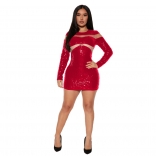Red Mesh Long Sleeve Sequin Bodycon Sexy Women Mini Dress