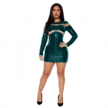 Green Mesh Long Sleeve Sequin Bodycon Sexy Women Mini Dress