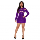 Purple Mesh Long Sleeve Sequin Bodycon Sexy Women Mini Dress