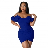 Blue Low-Cut V-Neck Fashion Forals Pleated Sexy Mini Dress