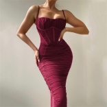 Red Off-Shoulder Sleeveless Mesh Bodycon Women Midi Dress