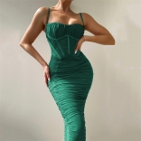 Green Off-Shoulder Sleeveless Mesh Bodycon Women Midi Dress