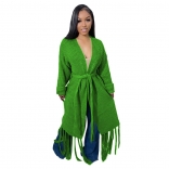Green Knitting Tassels Women Fashion Cotton Sweater Coat
