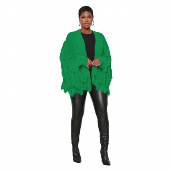 Green Tassels Knitting Fashion Women Cotton Sweaters Suit Coat