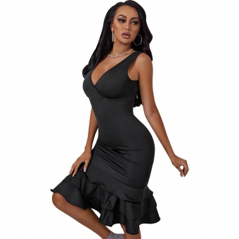 Black Sleeveless V-Neck Halter Slim Bodycon Sexy Midi Dress