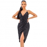 Black Sleeveless Halter V-Neck Sequin Sexy Women Mini Dress