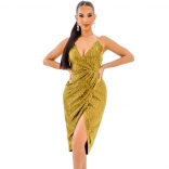 Golden Sleeveless Halter V-Neck Sequin Sexy Women Mini Dress