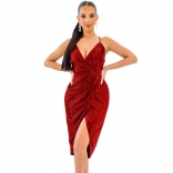 Red Sleeveless Halter V-Neck Sequin Sexy Women Mini Dress