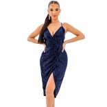 Blue Sleeveless Halter V-Neck Sequin Sexy Women Mini Dress