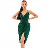 Green Sleeveless Halter V-Neck Sequin Sexy Women Mini Dress