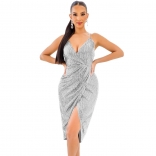 Silver Sleeveless Halter V-Neck Sequin Sexy Women Mini Dress