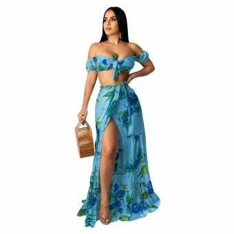 Blue Low-Cut Printed Fashion Women Slit Maxi Dress