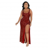Red Halter Low-Cut Sequin Sleeveless Sexy Slit Women Maxi Dress