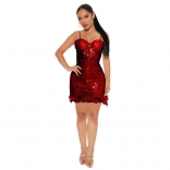 WineRed Halter Low-Cut V-Neck Sequin Feather Sexy Dress
