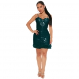 Green Halter Low-Cut V-Neck Sequin Feather Sexy Dress