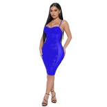 Blue Halter Low-Cut Sequin Bodycon Mesh Sexy Mini Dress