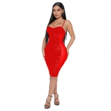 Red Halter Low-Cut Sequin Bodycon Mesh Sexy Mini Dress