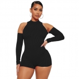 Black Cotton Long Sleeve Women Sexy Party Rompers