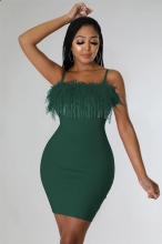 Green Off-Shoulder Halter Feather Tassels Slim Mini Dress