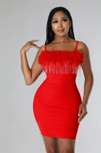 Red Off-Shoulder Halter Feather Tassels Slim Mini Dress